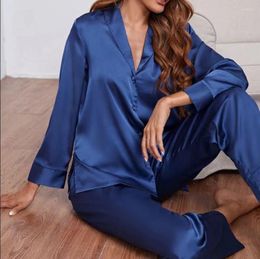 Women's Sleepwear Solid Satin Silk V-nek Sexy Pajamas For Women Single-Breasted Cardigan Long Sleeves Trouser Suits Large Size S-3XL