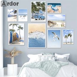 Blue Sky Car Ocean Palm Tree Posters Beach Surfboard Canvas Painting Wall Art Seagull Print Nordic Wall Pictures Girl Bedroom Living Room Decor No Frame Wo6