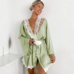 Women's Sleepwear Elegant Mustard Satin With Lace Pajamas For Women 2023 Short Dress Female High Split Appliques Bottom Boudoir Robe