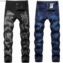 Mens high street tiger prints jeans pants witch prints designs slimming casual jeans men dragon prints classic black blue jeans HKD230829