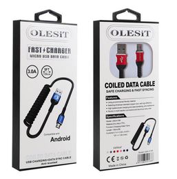 Olesit Retractable Spring 3A USB To Type C Micro Data Cable 1.5M 5FT Fast Charging USB-C 3.0 Car Charger Adapter PD Lines For Samsung Apple Iphone 15 Pro Max with Retail Box