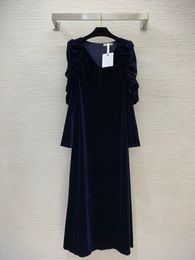 2023 Autumn Blue Solid Colour With Brooch Dress Long Sleeve V-Neck Long Maxi Casual Dresses B3G29101011