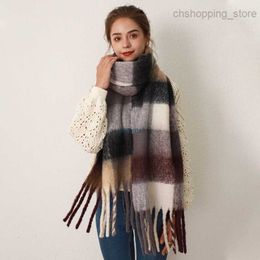 Scarves Korean Version Ac Plaid Scarf for Women in Autumn and Winter New Thickened Soft Waxy Tassel Mohairzvxl