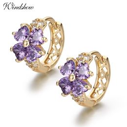 Stud Yellow Gold Colour Lucky Four Leaf Clover Heart Cut Purple CZ Small Hoop Earrings For Women Girls Child Kids Jewellery Aros 230830