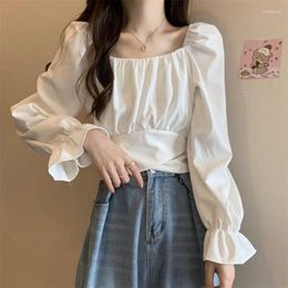 Women's Blouses Office Lady Sweet Slash Neck Off Shoulder Blouse 2023 Autumn Solid Tops Fashion Women Shirts Long Sleeve Loose Clothes 28194