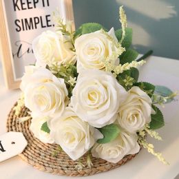 Decorative Flowers Artificial Silk Rose Bouquet Green Plant Dining Table Decoration Simulation Beautiful Flower Champagne Roses Bouquets