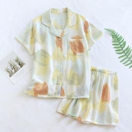 Women's Sleepwear 2023 Japanese Summer Pajama Set Cotton Crepe Short Sleeve Shorts Two Piece Casual Simple Home Furnishing
