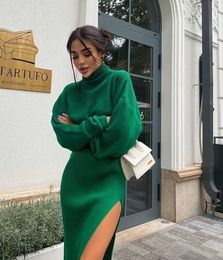 Two Piece Dress Turtleneck Knitted Sweater Skirt Pieces Set Women Autumn Winter Long Sleeve Pullover Sexy Side Split Midi Skirts Suit 230830