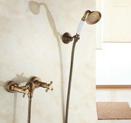 Kitchen Faucets Antique Brass Wall Mounted Bathroom Dual Cross Handles Telephone Hand Held Shower Set With Bracket &1.5m Hose Atf300