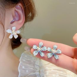 Dangle Earrings Minar Sweet Pink Blue Gradient Colour Crystal Rhinestones Imitation Pearl Flower Drop For Women Statement Jewellery