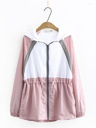 Outerwear Plus Size Women's Clothing Summer Thin Casual Jacket Contrast Colour Blocked Hooded Zip And The Waistband Has Drawstring