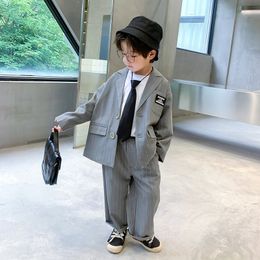 Suits Style Fashion Spring Autumn Plaid Yarn Dye Boys Stripe Suiting Coat And Pants 2 Pieces Clothing Set For Kids 230927