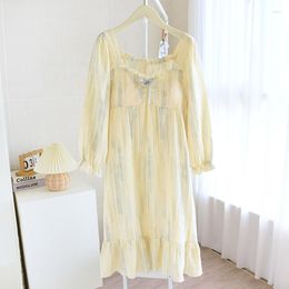 Women's Sleepwear Summer With Chest Pads Nightdress Long Sleeve Cotton Gauze Pyjama Dress Loose Loungewear Women Sexy Nightgown