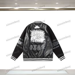 xinxinbuy Men designer Coat jacket towel embroidery letter leather fabric long sleeve women Grey Black white M-2XL