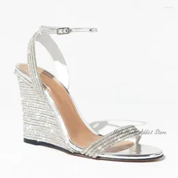 Dress Shoes Sliver Crystal Wegde Sandals Gold Metallic Leather Bling Straps High Heels Women Luxury Designer 2023 Summer Elegant