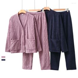 Women's Sleepwear 2023 Winter Snow Grain Velvet Coral Fleece Warm Cardigan Couple Home Pajamas Set Ropa De Dormir Pajama FOR Women AND MEN