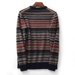 Mens Sweaters AutumnWinter Stripe 100% Pure Wool Clothing Round Neck Color Block Pullover Academic Style Breathable Sweater 230830