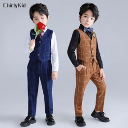 Suits Boy Plaid Vest Tuxedos Kids Waistcoat Wedding Clothes Sets Toddler Formal Dress Child School Uniform Baby Gentlemen Outfit 230830