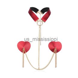 Breast Pad Sexy New Women 1 Pair Red Heart Tassel Nipple Cover Reusable Metal Chain Linked With Choker Breast Pasties Body Jewellery Chain x0831