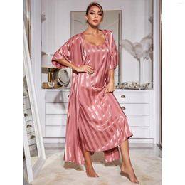 Women's Sleepwear Sling Pajamas Simulation Silk Long-sleeved Cool Feeling Bathrobe Grid Stripe Luxury Ice Large Size Home Wear Set Women