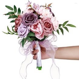 Decorative Flowers Country Bridal Wedding Bouquet Blue White Silk Ribbon Roses Bride Boho Hand Bouquets Artificial For Home Decor