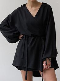 Women's Sleepwear Linad Black Robes For Women Loose Long Sleeve V Neck Sashes 2023 Summer Casual Bathrobe Female Cotton Pajamas Solid