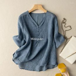 Women's Blouses Designer Summer Women Fashion Blouse 3/4 Sleeve V-Neck Cotton Tops Female Solid Colour Korean Elegant Casual Chemise 2023