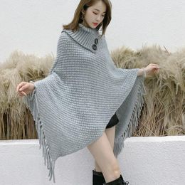 Women's Sweaters Korean Fashion Women Cape Long Shawl Casual Loose Sweater Button Turtleneck Pullovers Tassel Tops Solid Knitted Clothes