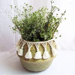 Storage Baskets Handmade Seagrass Woven Wicker Basket Garden Flower Vase Potted Foldable White Tassel With Handle