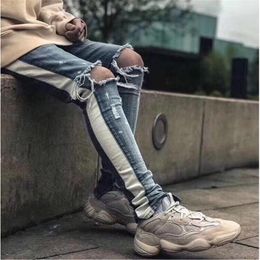 Newest Design Winter Mens Jeans Designer Famous Brand Mens Washed White Stripe Off Casual Slim Lightweight Stretch Skinny Pants St214J