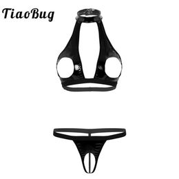 Bras Sets TiaoBug Women Sexy Lingerie Set Black Faux Leather Open Cup Bra Tops With Crotchless G-string Thong Crotch Erotic Underw236r