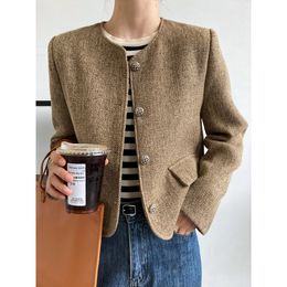 Women's Wool Blends Women's Single Button Tweed Crop Jacket Brown Grey Short Blazer 230830