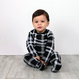 Rompers Baby romper summer spring kids clothes long sleeves children clothing black plaid print baby overalls kid clothes baby footie 230831