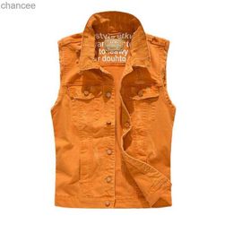 Men Slim Denim Vests Jackets New Fashion Male Orange Fit Denim Coats Vests Large Size Street Wear Holes Jeans Vest Size S-5XL HKD230831