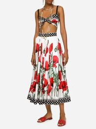 Two Piece Dress Summer polkadot printed chestwrapped vest jacket twopiece suit with high waist and big swing flowers leisure skirt 230830