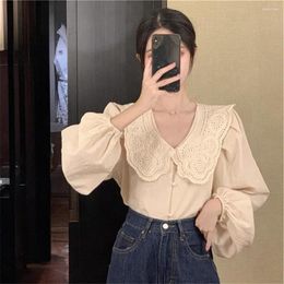 Women's Blouses Solid Colour Top Chic V-neck Lantern Sleeve Soft Casual Sweet Style For Spring Fall Commutes Women Long-sleeved