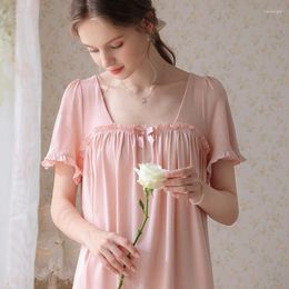 Women's Sleepwear Pink Nightdress Female Summer Short-Sleeved Cotton Princess Home Clothes French Plus Size Loose Square Collar Young Dress