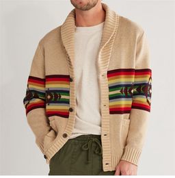 Men's Sweaters 2023 AutumnWinter Street Fashion Casual Retro Colorful Stripe Jacquard Knitted Button Top Polo Collar Sweater Coat 230831