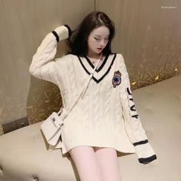 Women's Sweaters Badge Number Print Striped V-neck Pleated Split Knitted Fenale Korean Preppy Sweet Elegant Woman Sweater Pullovers