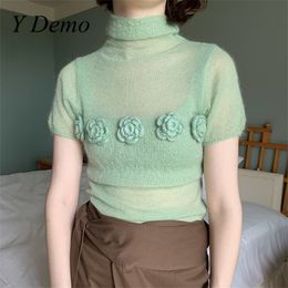 Women's Sweaters Y Demo Elegant Sweet Mohair ONeck Knitted Sweater Perspective Flowers Tshirt Streetwear 230831