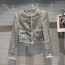 Women's Jackets PREPOMP 2023 Autumn Collection Long Sleeve Rhinestone Buttons Sequins Silver Tweed Jacket Women Short Coat GL246