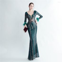 Casual Dresses Glitter Sequins Embroidered Long Dinner Party Dress Slim High Waist Package Hip Sleeve With Feather Women Mesh V Neck Robe