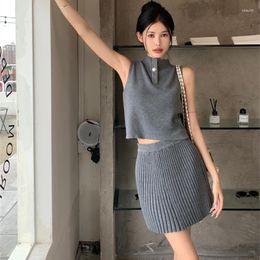 Work Dresses Sexy Sweater Set Women's Outfits Autumn Knitted Slim Fit Top And Hip Wrap Pleated Skirt Two-piece Sets Preppy Style Femme