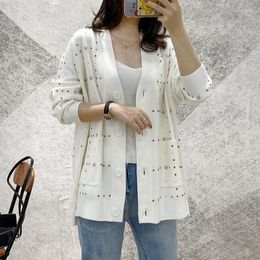 Women's Sweaters Rivet STar Beading Women Punk Style Cardigan Coat Full Sleeves White Color Elegant Lazy Oaf Loose Casual Lady Clothes