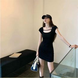 Casual Dresses Slim Fit Spicy Girl Super Mini Dress Black Grey Square Collar Short Sleeve Pencil Bottoming Wrapped Hip Skirt