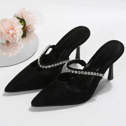 Black high-heeled shoes womens spring new women shoes stiletto pointed toe pumps satin rhinestone glitter mules pumps 230807