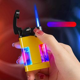 Novel Windproof Rocker Arm Torch Lighters Metal Butane No Gas Refill Lighter Jet with LED Colourful Flash Lights Smoking Accessories V554