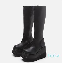 Boots Women Knee High Leather Buckle Woman Low Heels Ladies Belt Female Shoes Gothic