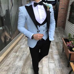 Men's Suits & Blazers Sky Blue Men Tuxedo 3 Piece Custom Made Terno Slim Fit Groom Wedding Mens Suit Masculino Jacket Pant Ve286M