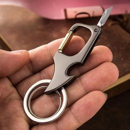 Keychains Lanyards Classic Men Mini Foldable Knife Keychain Outdoor MultiFunctional 2 In 1 Metal Bottle Opener With Two Key Rings For Boy Gifts 230831